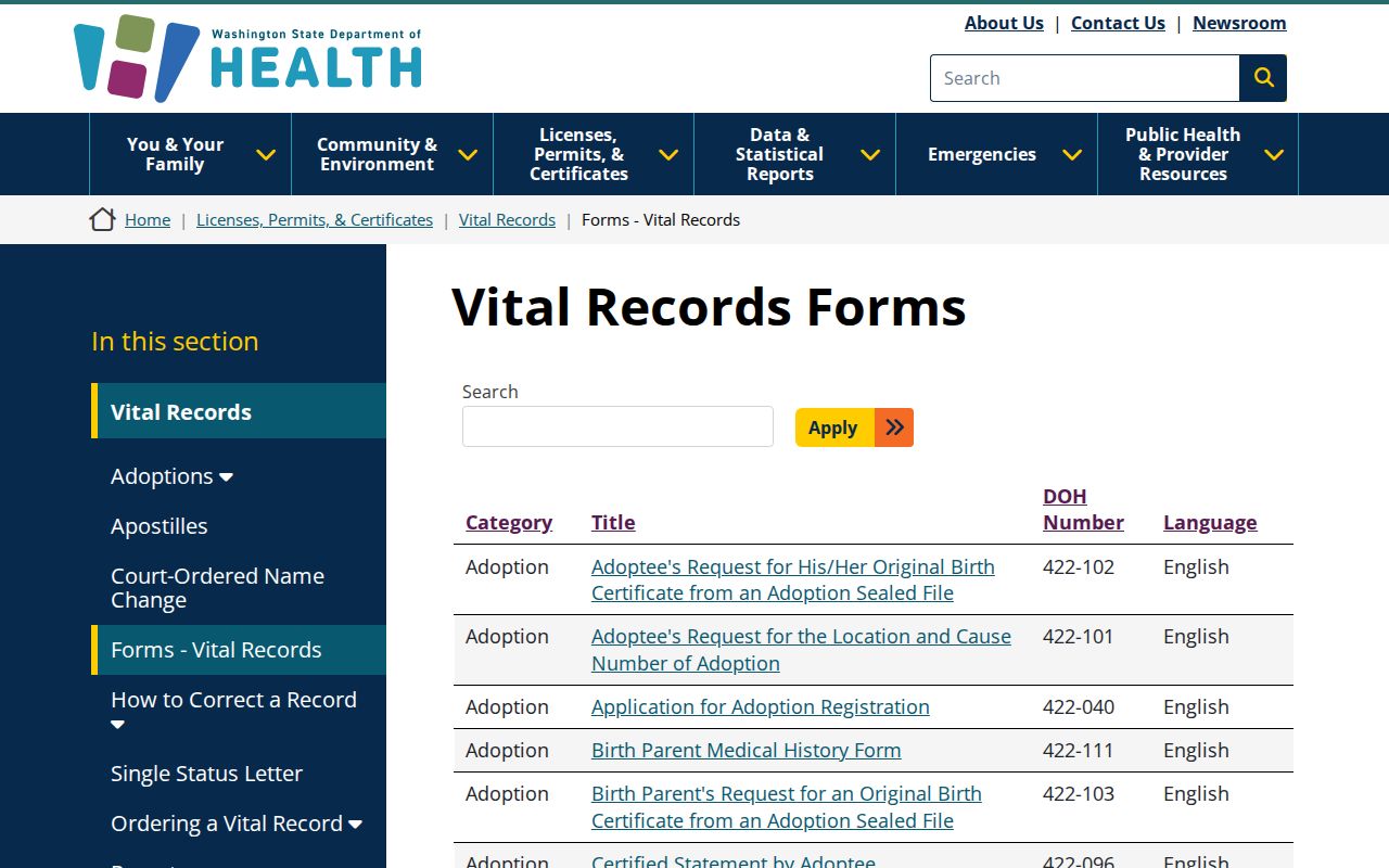 SeaTac people search access to Washington vital records forms