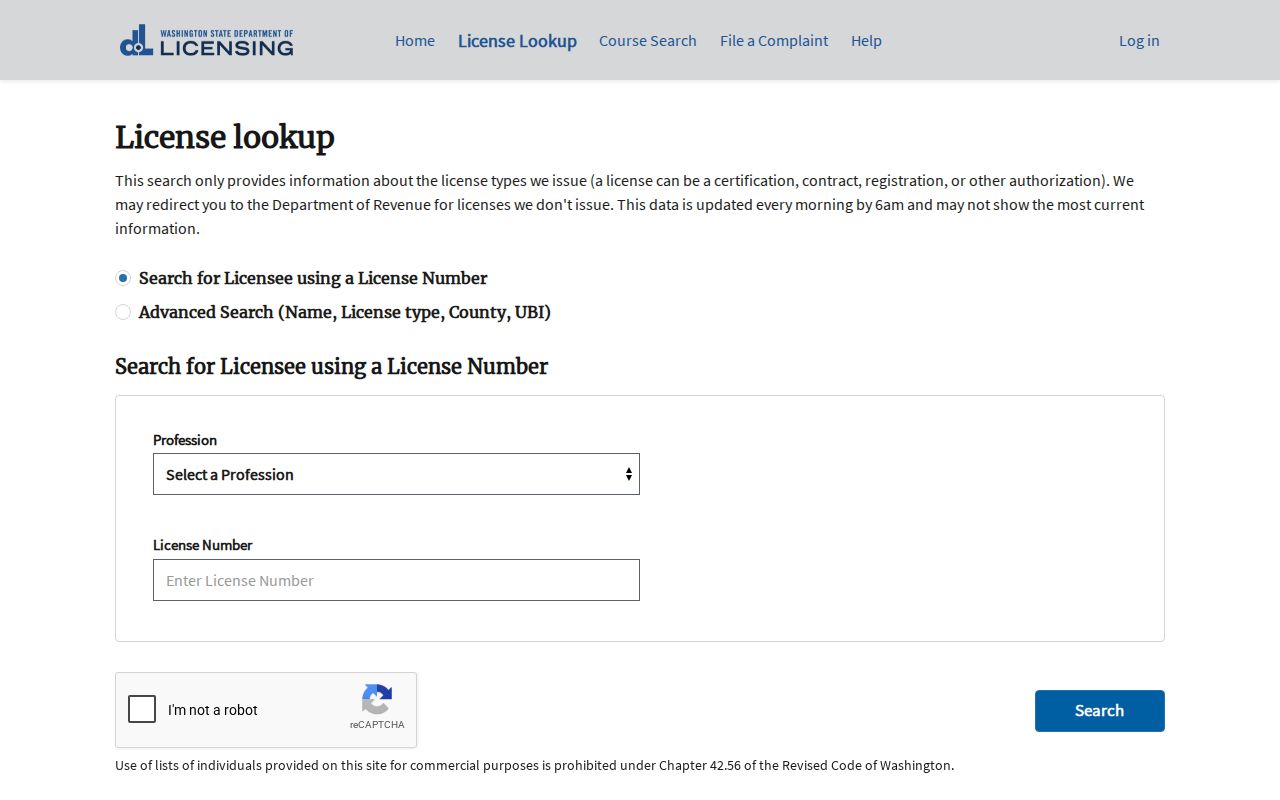 SeaTac people directories screenshot of Washington DOL license search fields