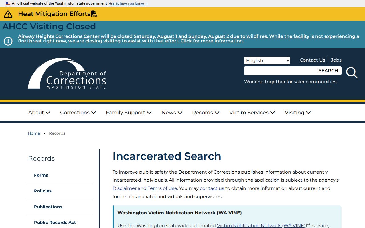SeaTac public records lookup through Washington DOC inmate search
